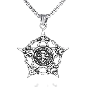 Collier Gothique Rétro avec Pendentif Pentagramme et Crâne en Acier Inoxydable pour Hommes et Femmes Unisexe Punk Symbole Occulte Argent Antique Bijoux en Alliage