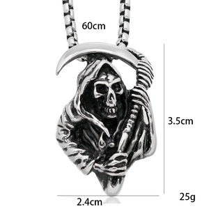 Gothic Grim Reaper pendant necklace in vintage titanium steel with reaper scythe