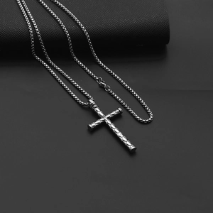 Polished silver stainless steel cross pendant necklace with scale texture on box chain