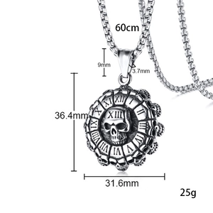 Gothic titanium steel skull necklace with Roman numerals gear pendant and pearl chain