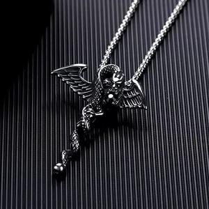 Gothic dragon pendant necklace in black finish with silver bead chain for men