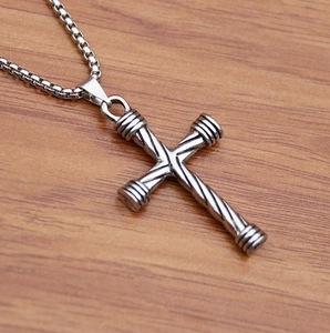 Hip-hop silver cross necklace with twisted spiral texture and box chain for men and women