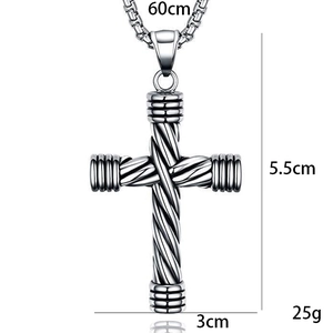 Hip-hop silver cross pendant necklace with twisted texture and 60cm mesh chain link