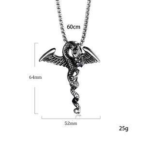 Detailed Western dragon pendant necklace in vintage silver steel finish, 60cm chain length