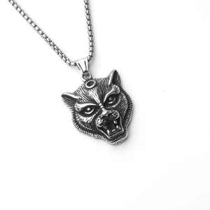 Men's punk wolf head pendant necklace with vintage silver oxidized finish and box chain