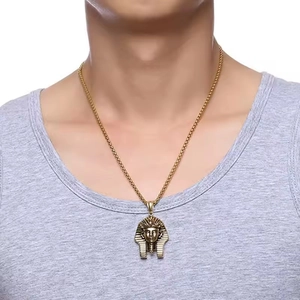 Collier hip hop pour homme avec pendentif pharaon égyptien et chaîne box dorée