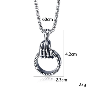 Gothic skull hand holding ring pendant necklace in stainless steel with 60cm box chain