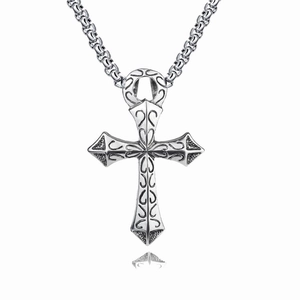 Collier avec Pendentif Croix Gothique pour Hommes Femmes Alliage d'Acier Inoxydable Gravé Volutes Relief Rétro Hip Hop Punk Bijoux