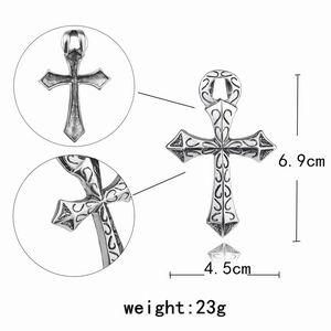 Pendentif croix vintage en acier inoxydable pour homme avec gravures, hauteur de 6,9 cm