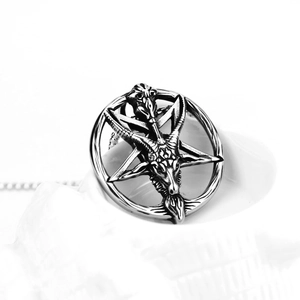Vintage stainless steel goat head pentagram pendant necklace with polished silver finish