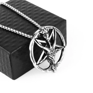 Vintage stainless steel goat head and hexagram pendant necklace on gift box