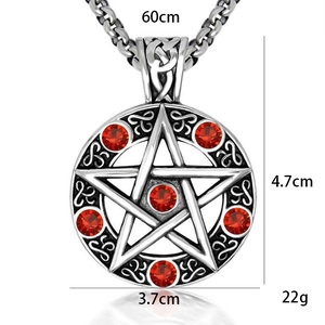 Pentagram Satanic pendant necklace with red rhinestones and Celtic knot patterns