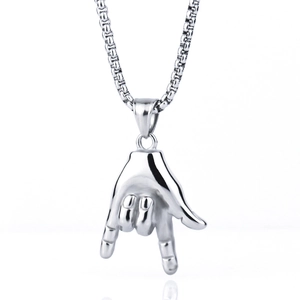 Rock hand gesture pendant necklace in silver stainless steel with heavy box chain