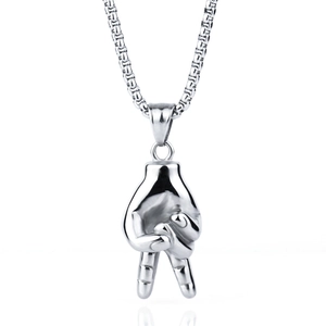 Polished silver victory gesture hand pendant with box chain on white background