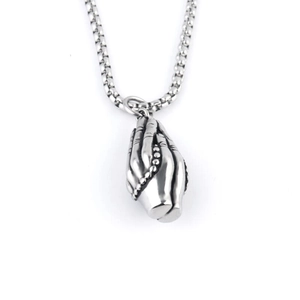 Detailed view of silver praying hands pendant with prayer beads on stainless steel chain