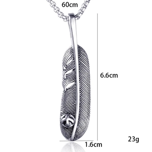 Vintage style feather pendant necklace with peace sign in antique silver finish