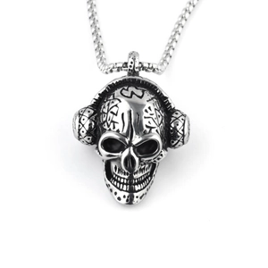 Collana con ciondolo teschio punk vintage con cuffie in acciaio inox argento