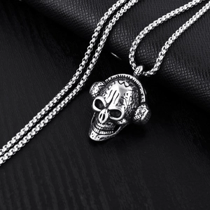 Vintage punk skull pendant wearing headphones on stainless steel chain for men