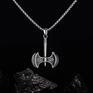 Men's titanium steel double-headed axe pendant necklace with box chain and viking totems