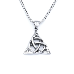 Close-up of vintage Viking Triquetra pendant with retro silver finish on a box chain
