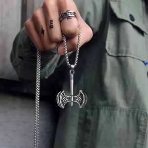 Vintage silver axe pendant necklace for men with engraved geometric patterns and chain