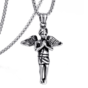 Collier Pendentif Ange en Prière Vintage Avec Chaîne Box en Acier Inoxydable Bijoux Hip Hop Pour Hommes Et Femmes
