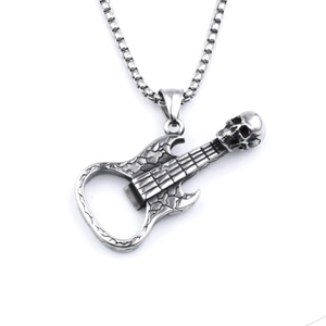 Pendentif guitare tête de mort rétro en acier inoxydable avec fonction décapsuleur