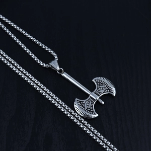 Men's vintage stainless steel double-headed battle axe pendant necklace with box chain