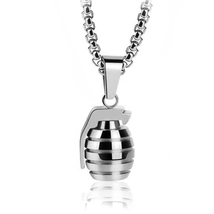 Punk style men's hand grenade pendant necklace in silver stainless steel with box chain