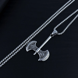 Men's viking double-headed axe pendant necklace in polished stainless steel
