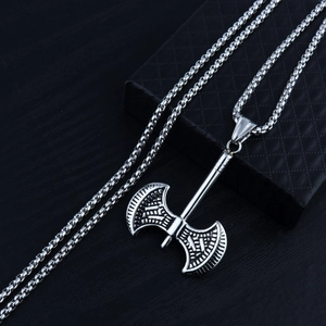 Mens stainless steel silver double axe pendant necklace with box chain on jewelry box