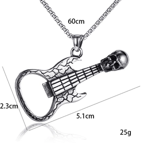 Collier pendentif guitare tête de mort décapsuleur gothique vintage en acier argenté