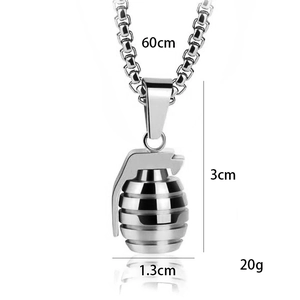 Punk silver grenade pendant necklace for men with 60cm box chain in stainless steel
