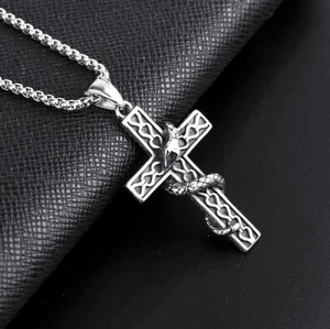 Gothic Snake Cross Pendant Necklace Stainless Steel Retro Antique Silver Serpent Coiled Cross Punk Jewelry For Men Women