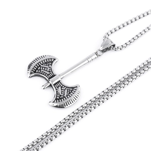 Detailed view of Viking axe pendant in silver stainless steel with box chain necklace