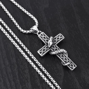 Gothic silver serpent snake coiled around hollow cross pendant on box chain necklace