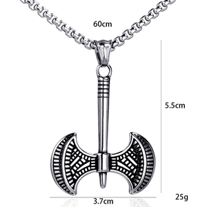 Men's double-headed battle axe pendant necklace in vintage silver steel, 60cm chain length