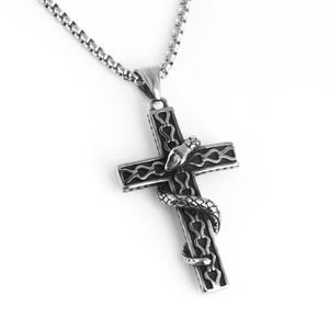 Gothic silver snake coiled around a minimalist cross pendant with a durable box chain