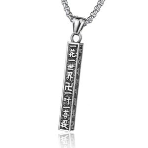 Collier Pendentif Bouddhiste Religieux en Acier Inoxydable Caractères de Sagesse Zen Rétro Bijoux en Colonne Pour Hommes Femmes Ton Argent Style Antique