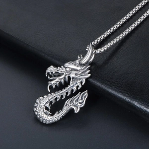 Silver vintage dragon pendant necklace with box chain in polished stainless steel