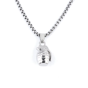 Close-up of a silver grenade pendant with textured detail on a box chain for men