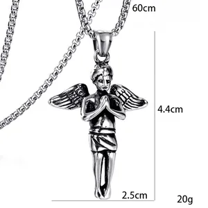Collier croix ange hip hop argent vieilli avec chaîne perlée de 60 cm de long