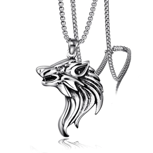 Detailed view of 3D viking wolf head pendant with classic stainless steel box chain