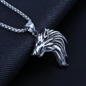 Vintage punk wolf head pendant necklace for men with square box pearl chain in stainless steel