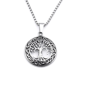 Detailed macro of silver Tree of Life pendant with Celtic knot and durable box chain