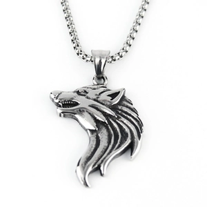 Detailed macro view of vintage silver wolf head pendant with textured fur and box chain