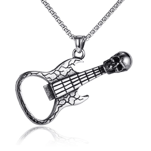 Collier vintage en acier inoxydable avec pendentif guitare électrique, crâne et décapsuleur