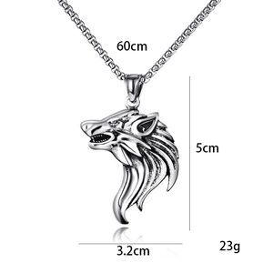 Mens Viking wolf head pendant necklace in silver stainless steel with 60cm pearl chain