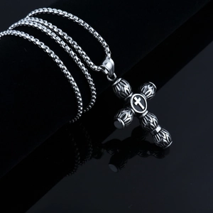 Vintage stainless steel cylindrical cross pendant necklace with embossed details