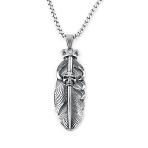 Vintage punk silver stainless steel necklace with skull feather and sword pendant
